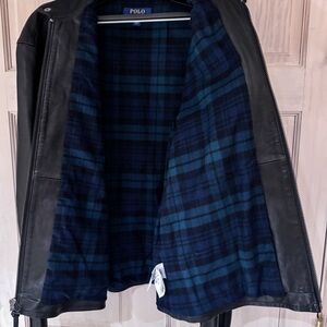 Polo by Ralph Lauren Black Lambskin Cafe RacerJacket with Blue Plaid Lining